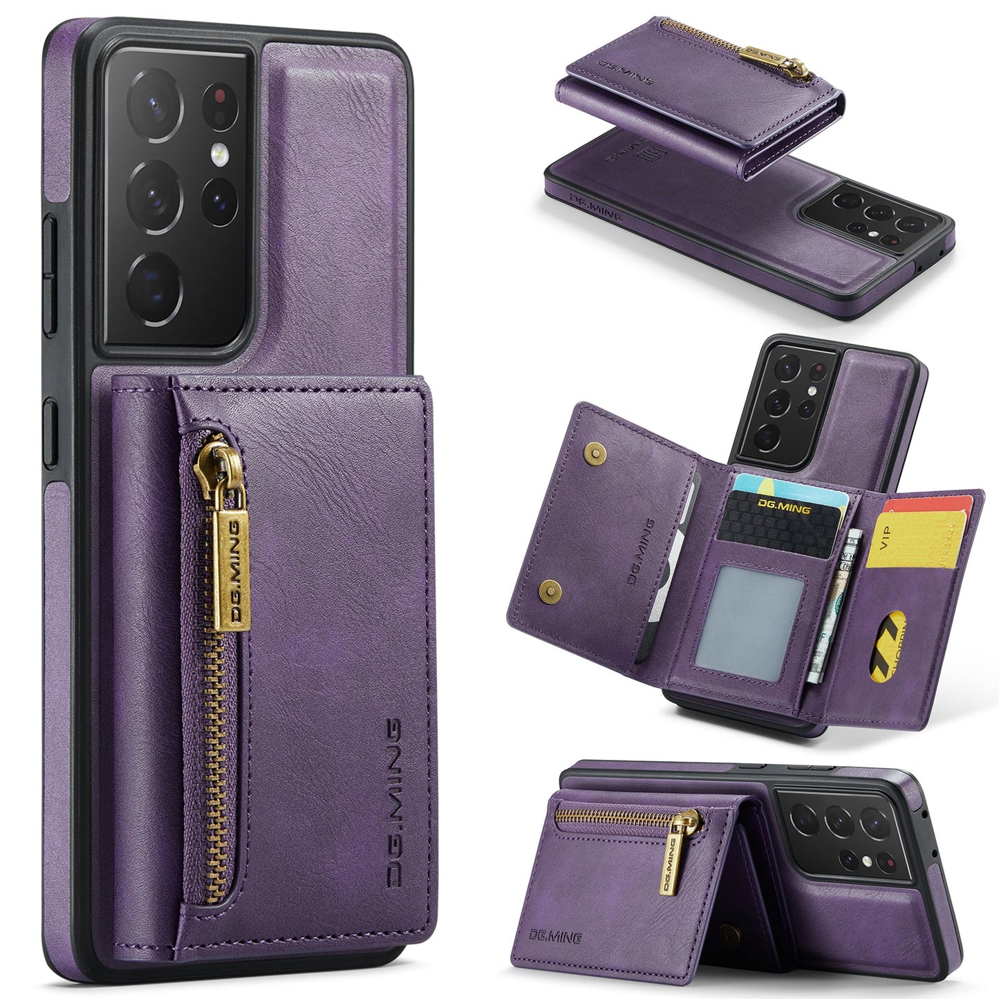 New 2-IN-1 RFID Blocking Zipper Wallet Card Holder Leather Phone Case for Samsung