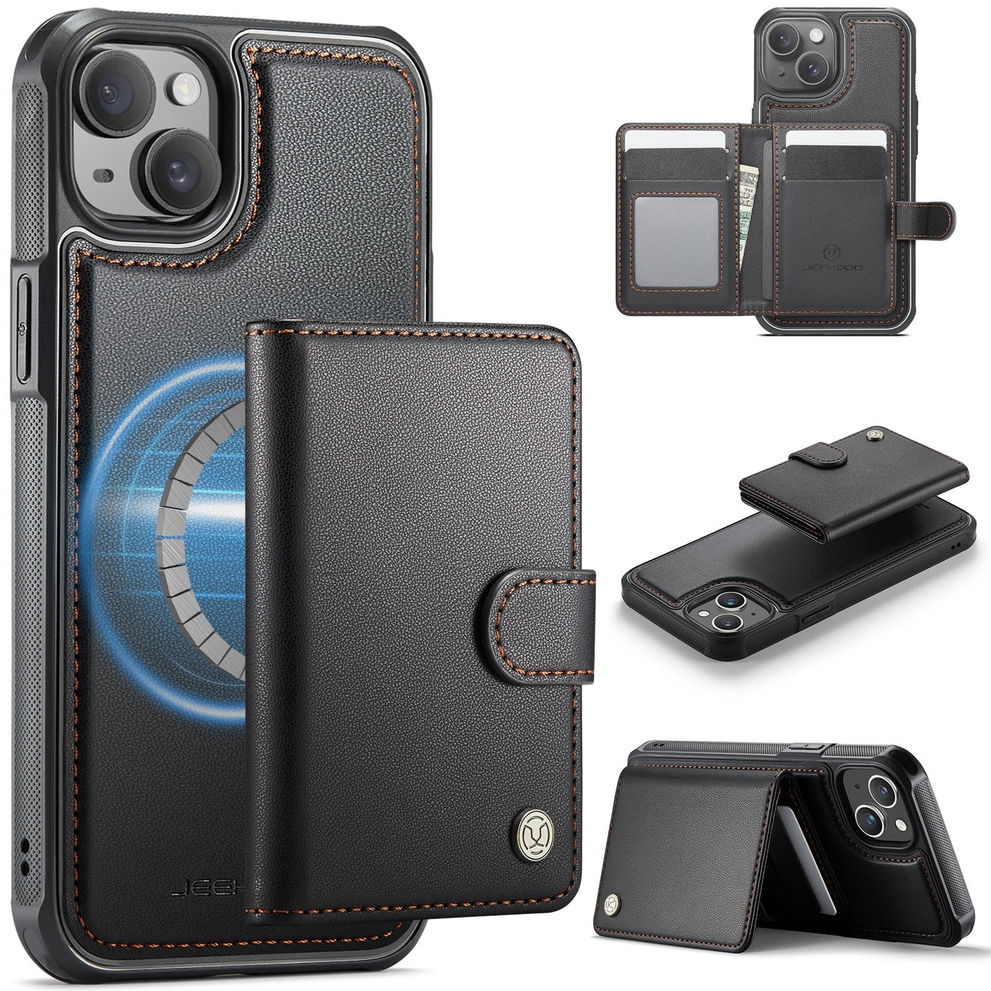 New 2-in-1 RFID Blocking Card Holder Leather Phone Case for iPhone 14