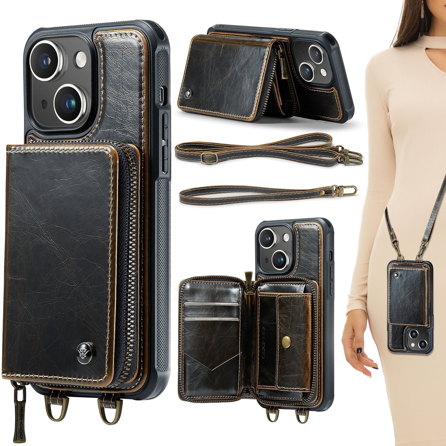 New RFID Blocking Crossbody Zipper Wallet Leather Phone Case for iPhone