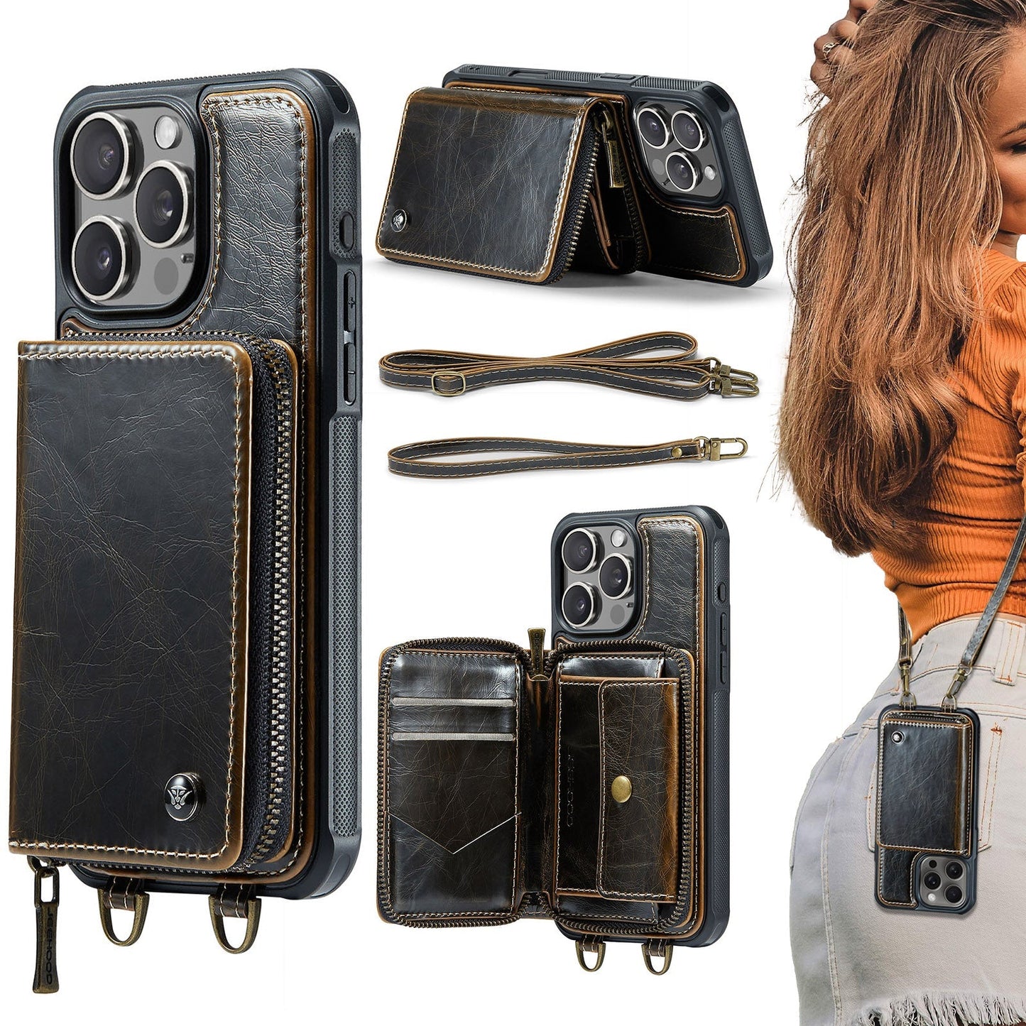New RFID Blocking Crossbody Zipper Wallet Leather Phone Case for iPhone