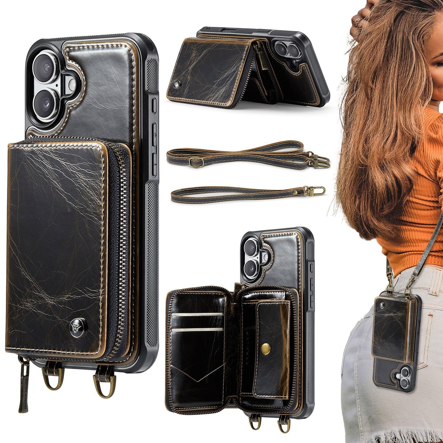 New RFID Blocking Crossbody Zipper Wallet Leather Phone Case for iPhone