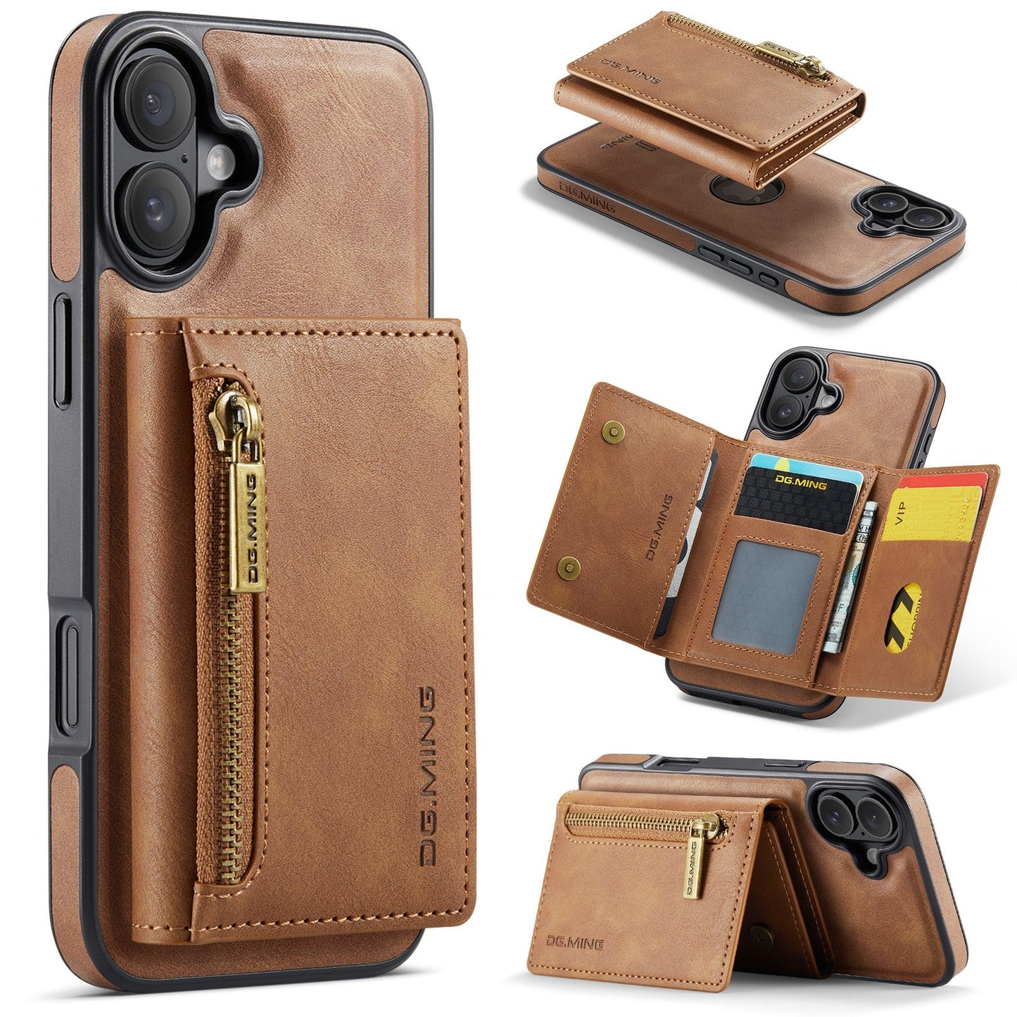 New 2-IN-1 RFID Blocking Zipper Wallet Card Holder Leather Phone Case for iPhone