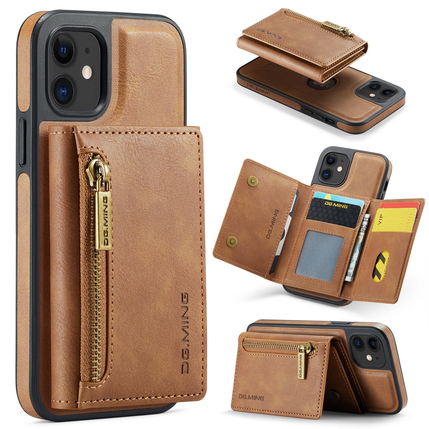 New 2-IN-1 RFID Blocking Zipper Wallet Card Holder Leather Phone Case for iPhone