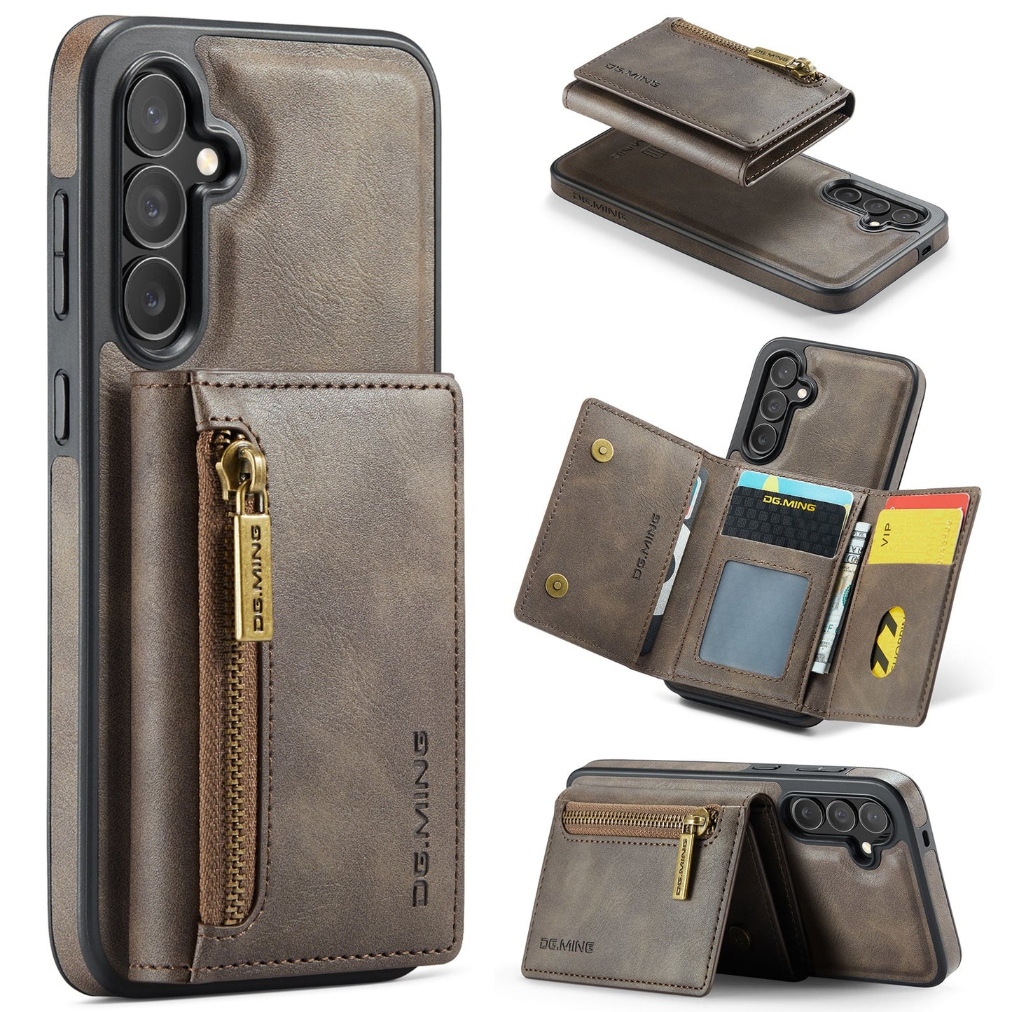 New 2-IN-1 RFID Blocking Zipper Wallet Card Holder Leather Phone Case for Samsung