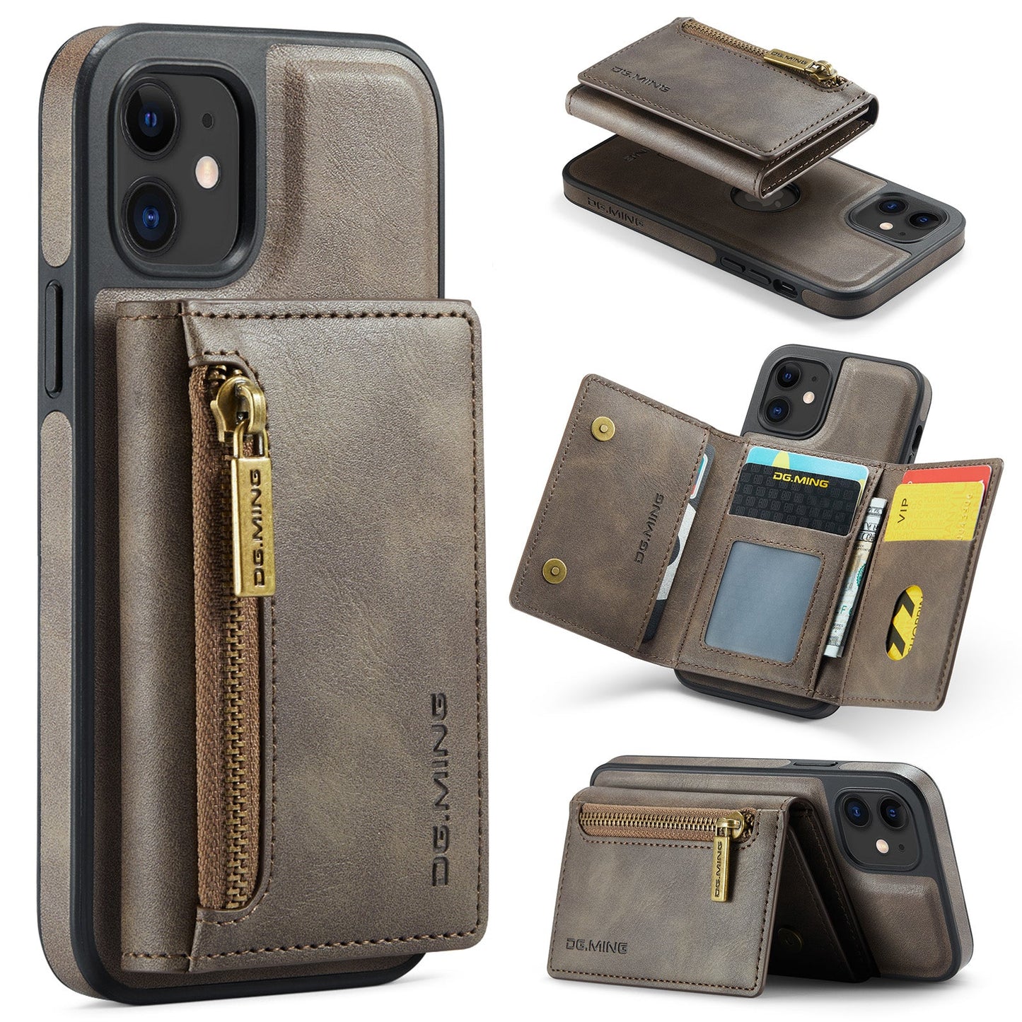 New 2-IN-1 RFID Blocking Zipper Wallet Card Holder Leather Phone Case for iPhone