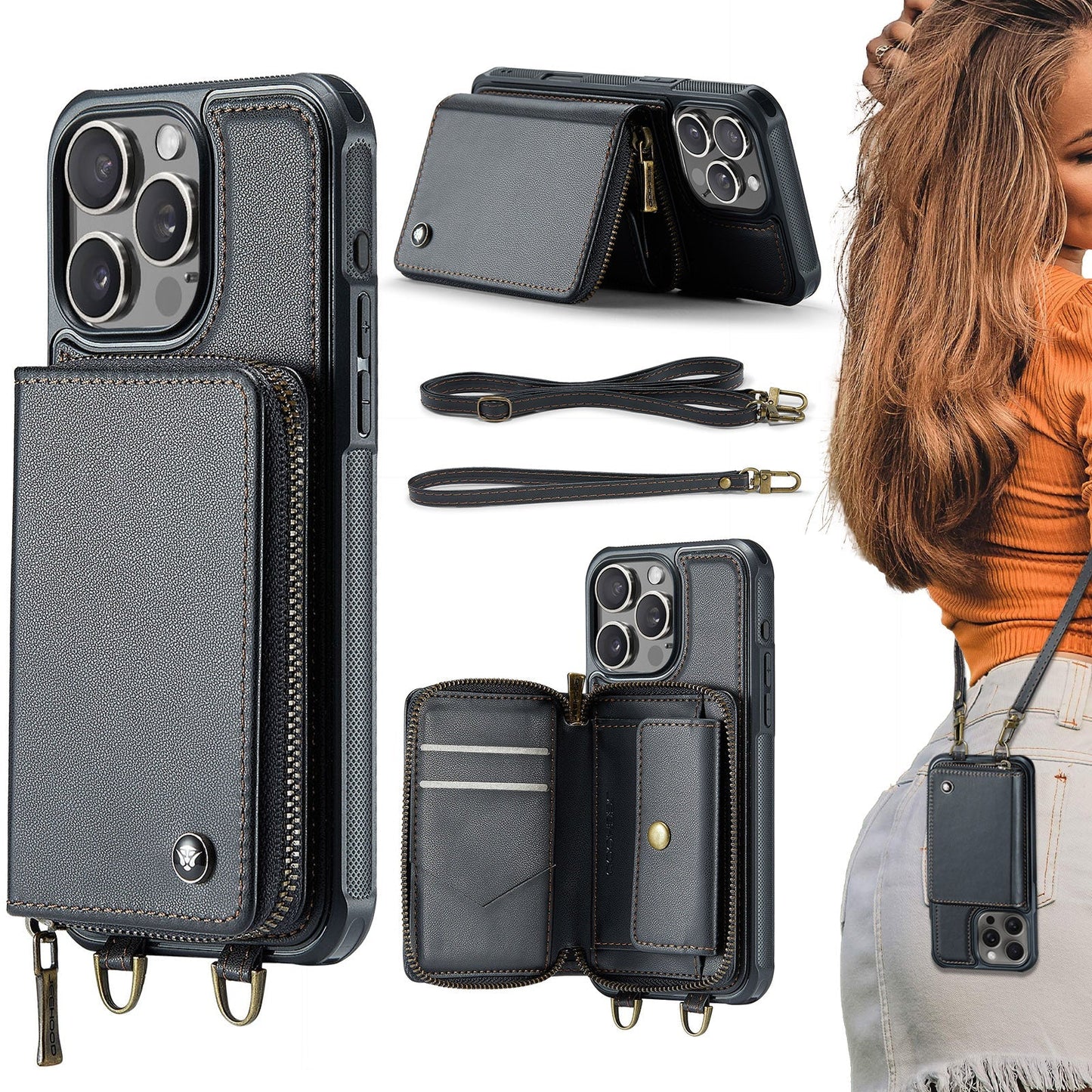 New RFID Blocking Crossbody Zipper Wallet Leather Phone Case for iPhone