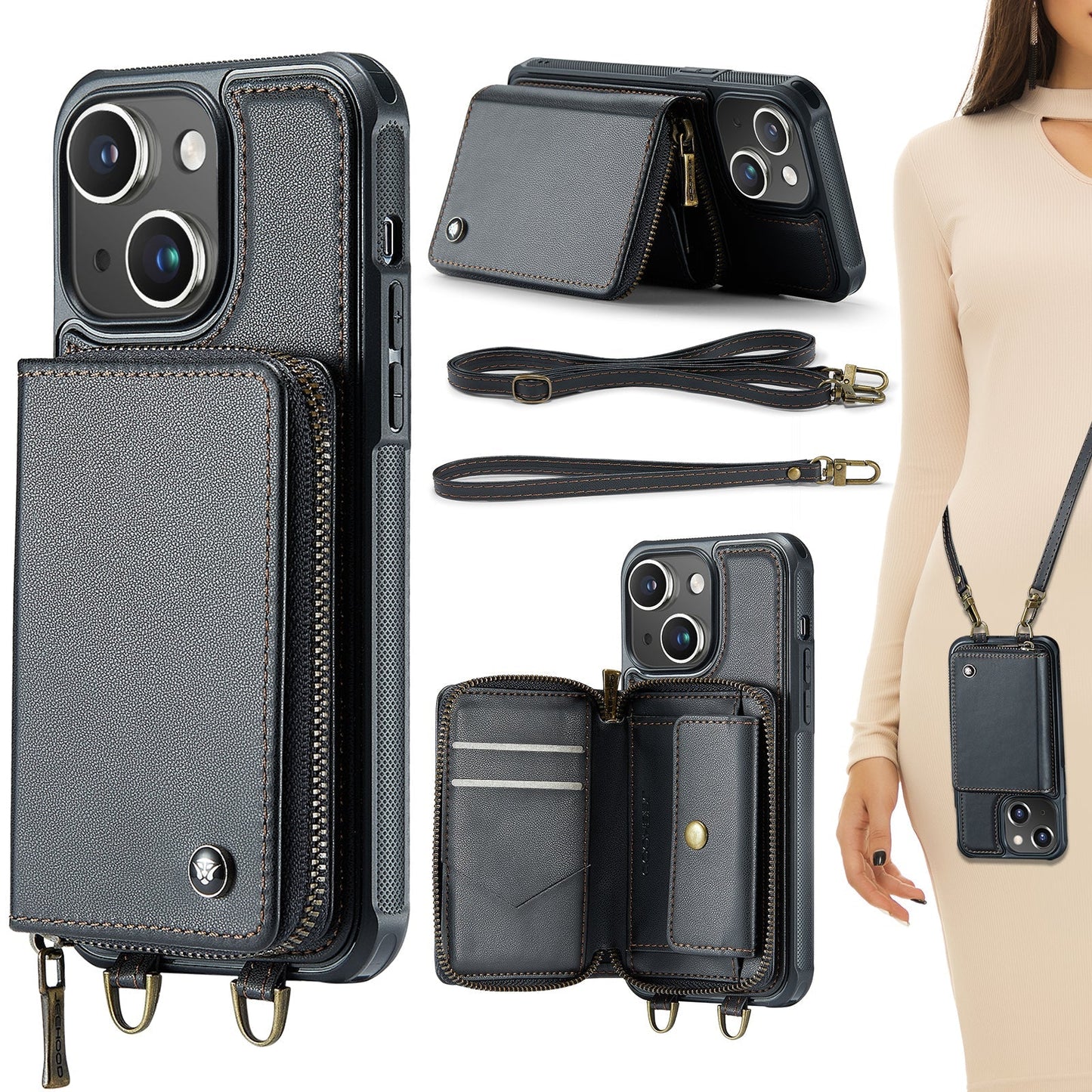 New RFID Blocking Crossbody Zipper Wallet Leather Phone Case for iPhone