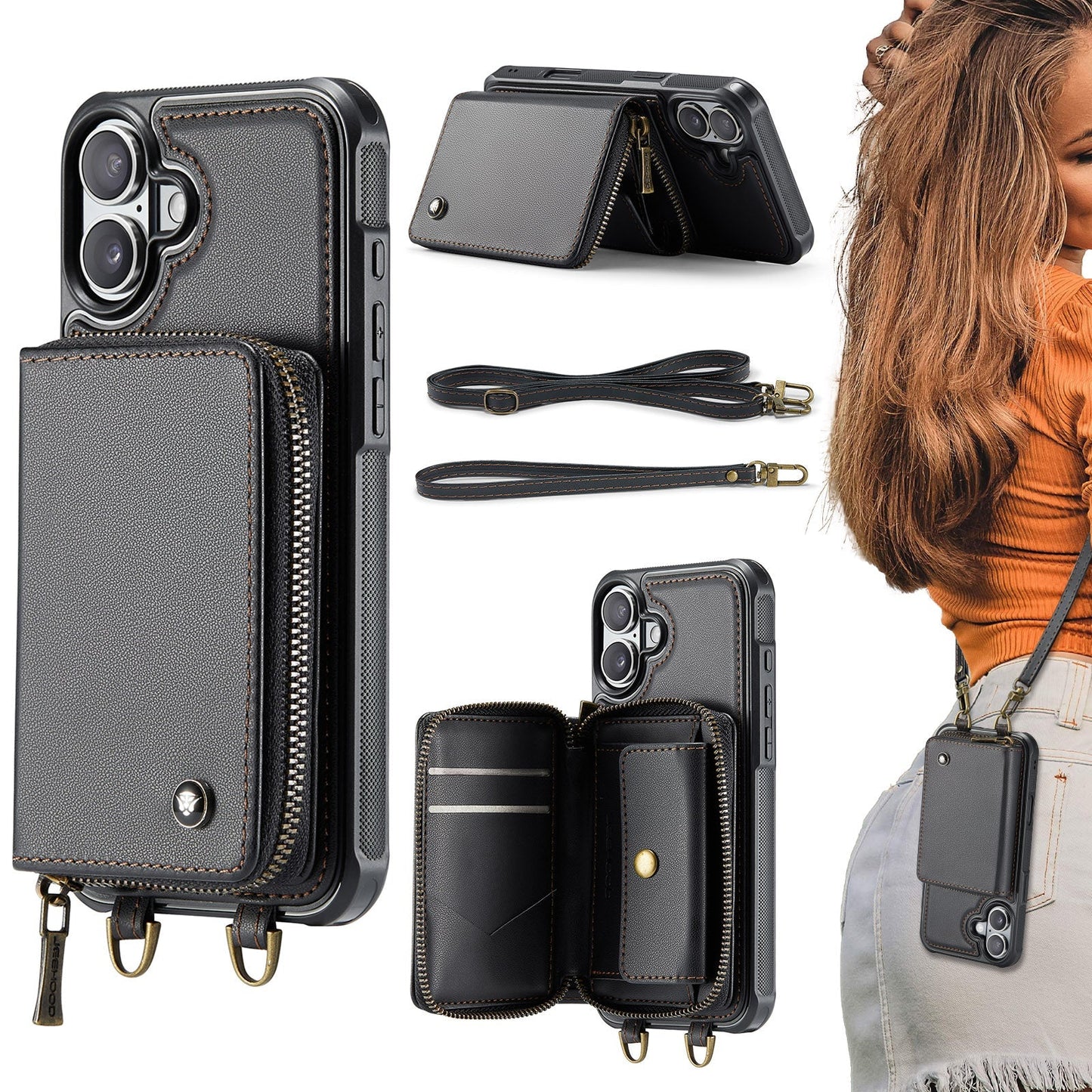 New RFID Blocking Crossbody Zipper Wallet Leather Phone Case for iPhone