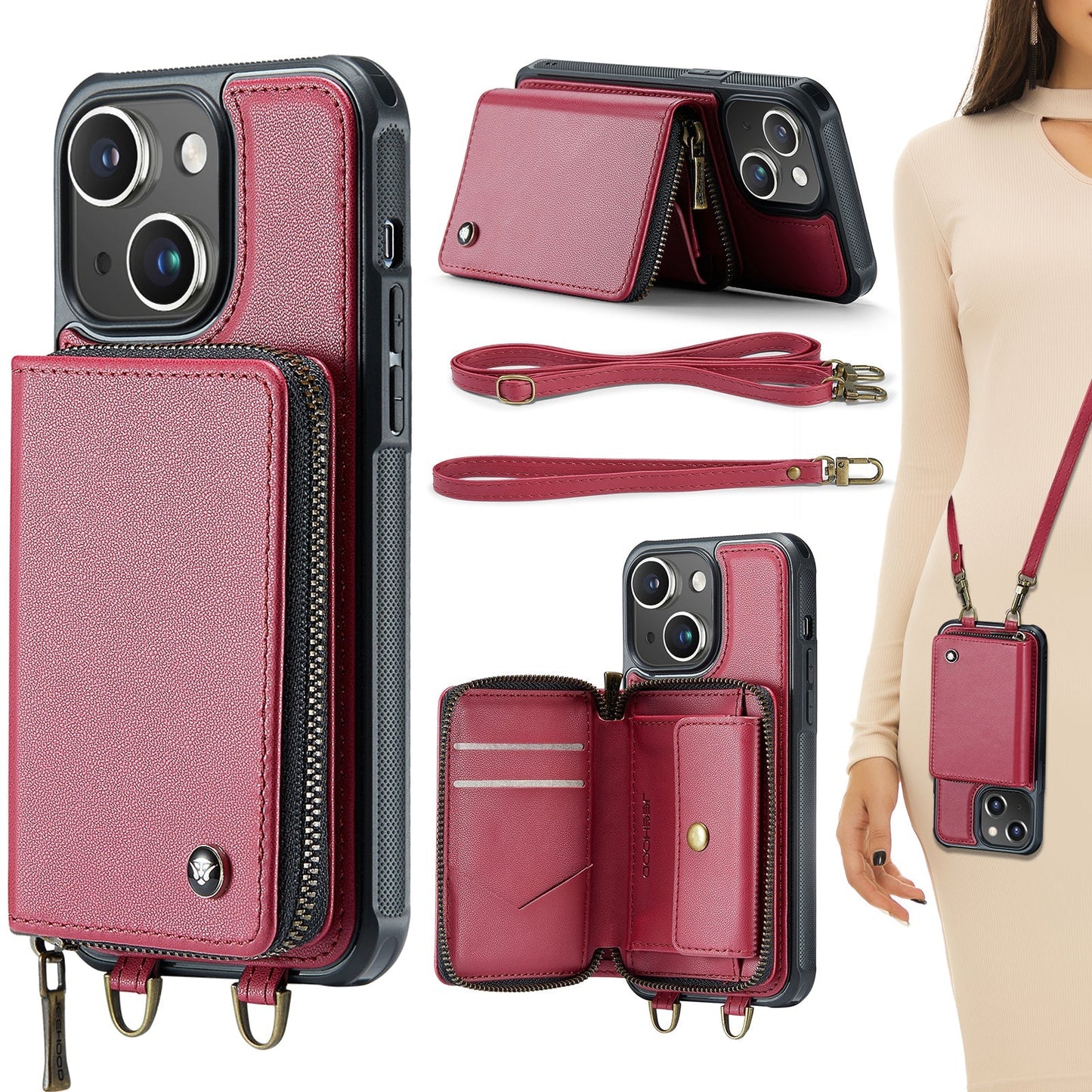 New RFID Blocking Crossbody Zipper Wallet Leather Phone Case for iPhone