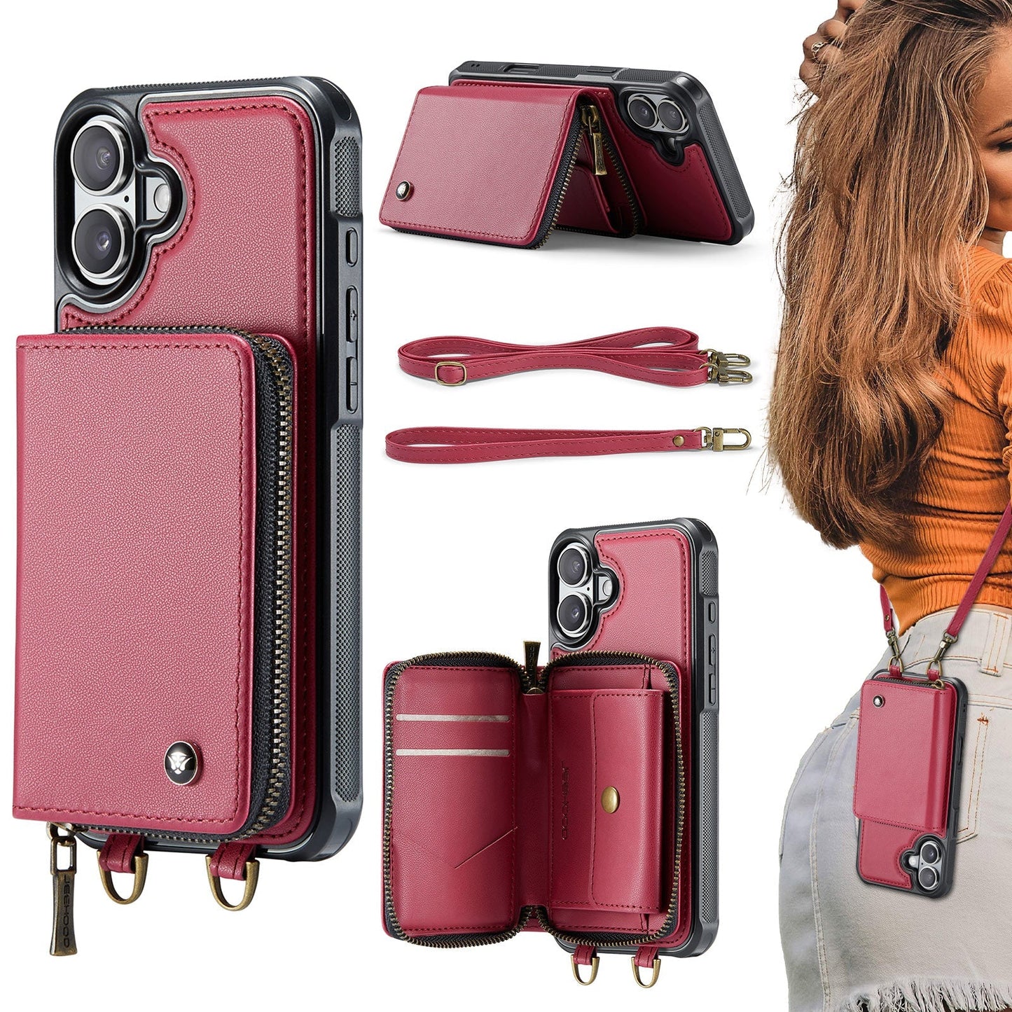 New RFID Blocking Crossbody Zipper Wallet Leather Phone Case for iPhone