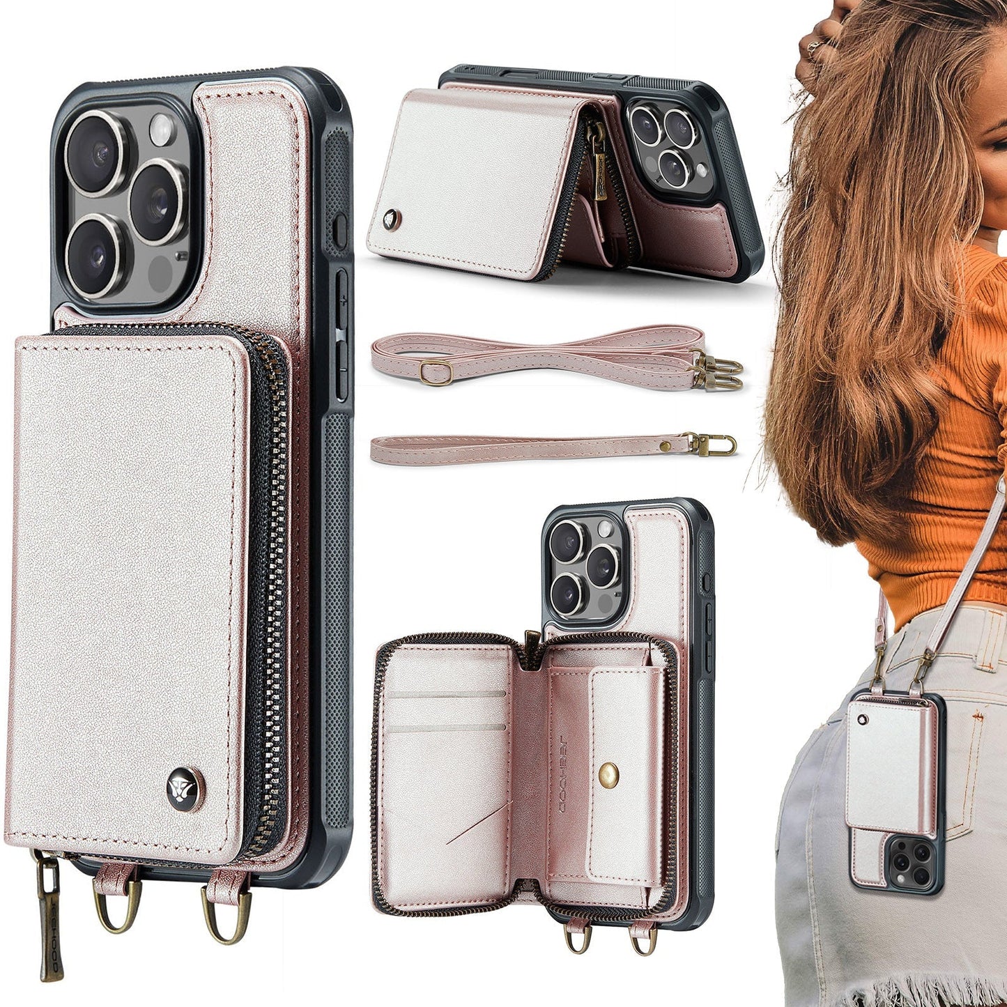 New RFID Blocking Crossbody Zipper Wallet Leather Phone Case for iPhone