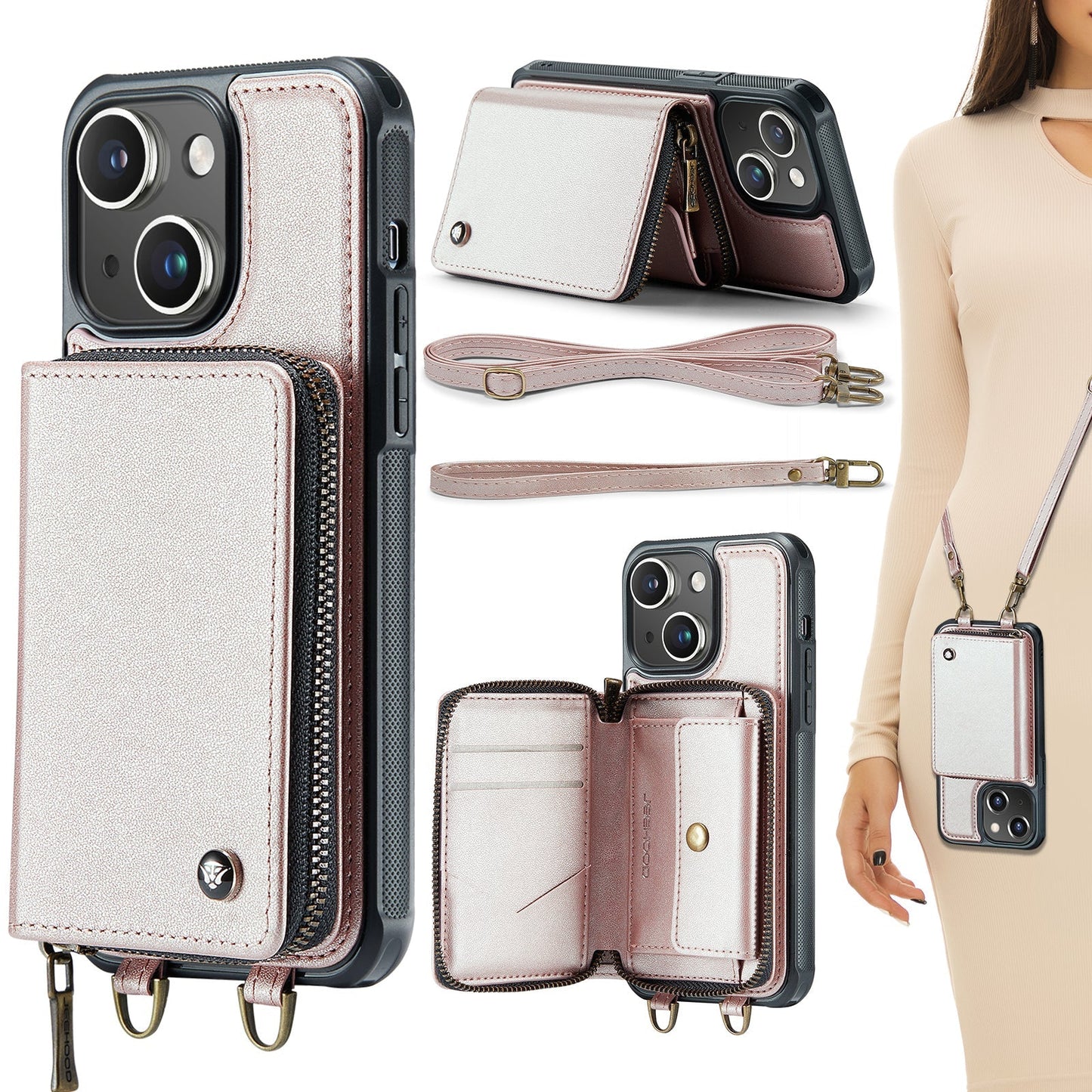 New RFID Blocking Crossbody Zipper Wallet Leather Phone Case for iPhone