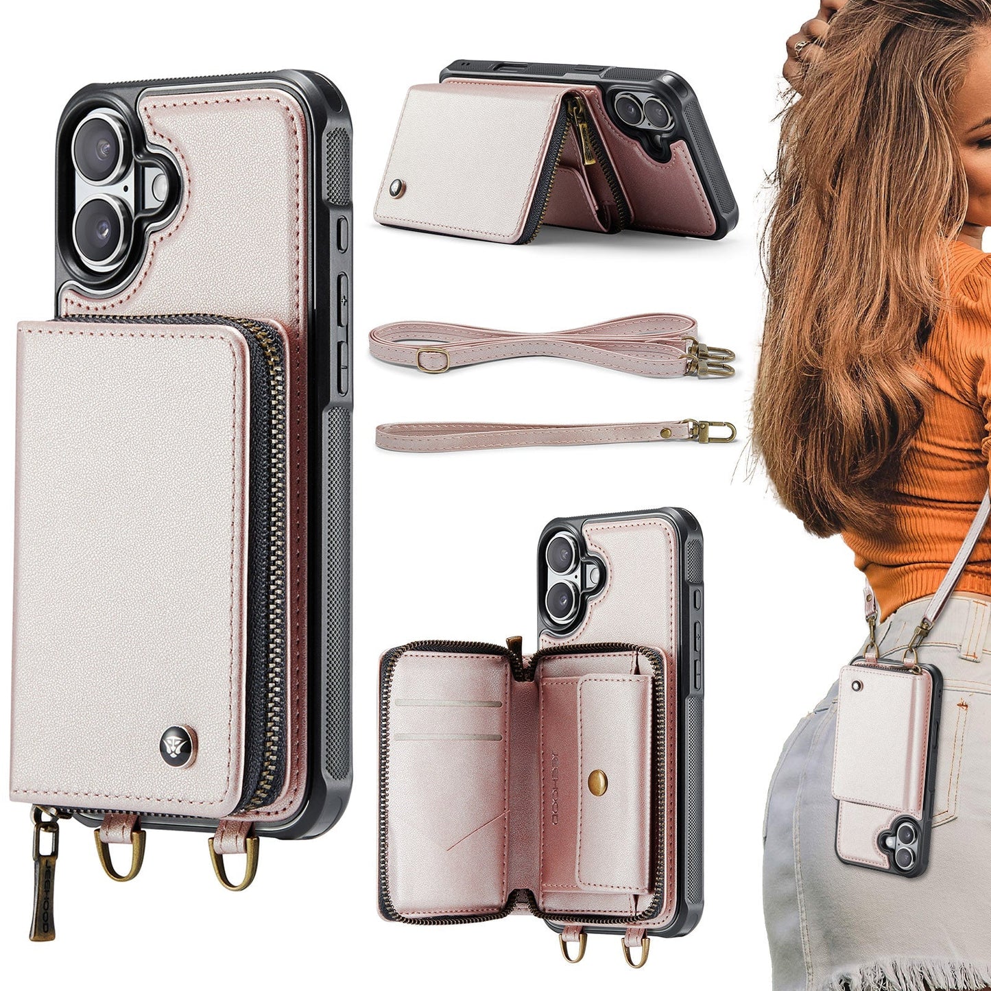 New RFID Blocking Crossbody Zipper Wallet Leather Phone Case for iPhone