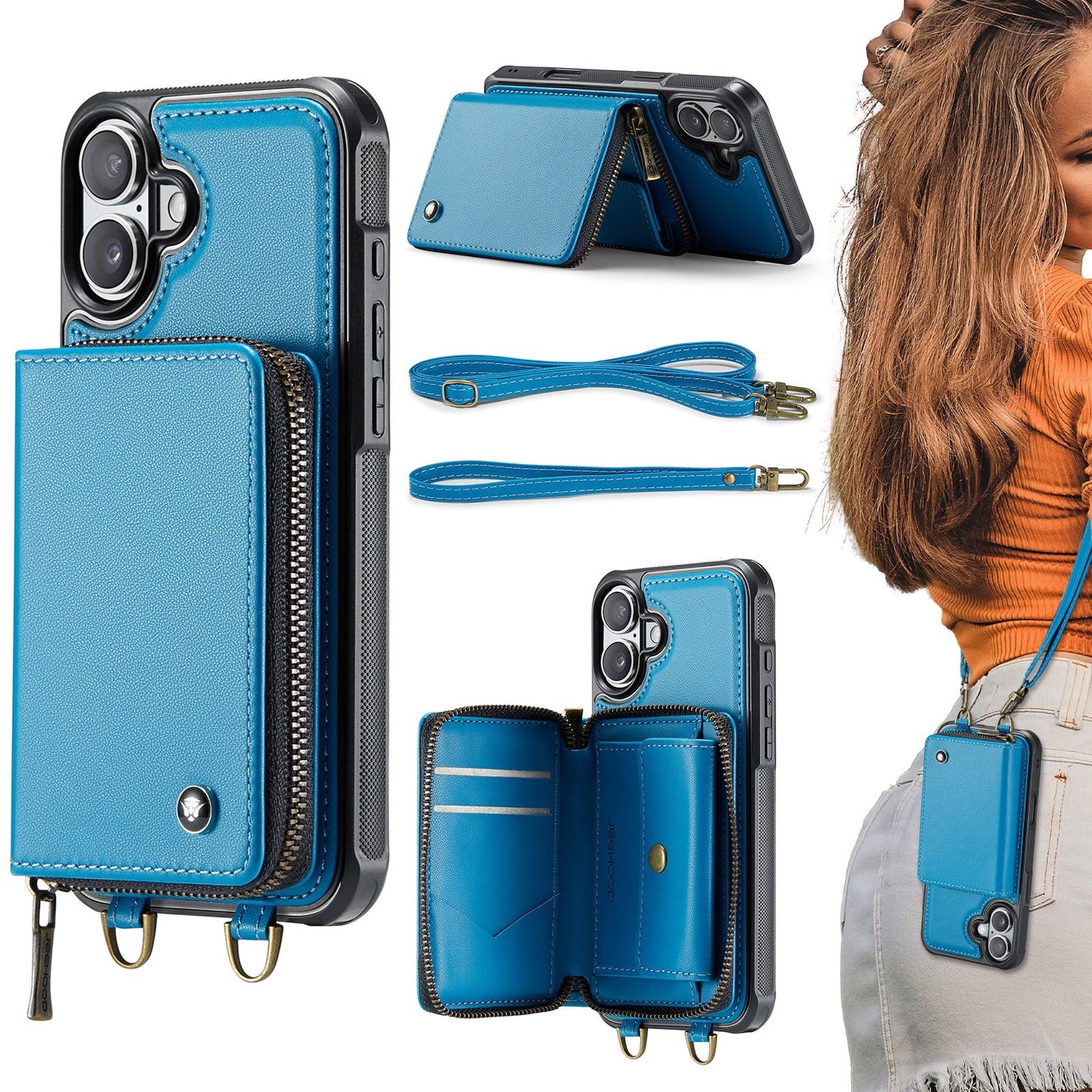 New RFID Blocking Crossbody Zipper Wallet Leather Phone Case for iPhone