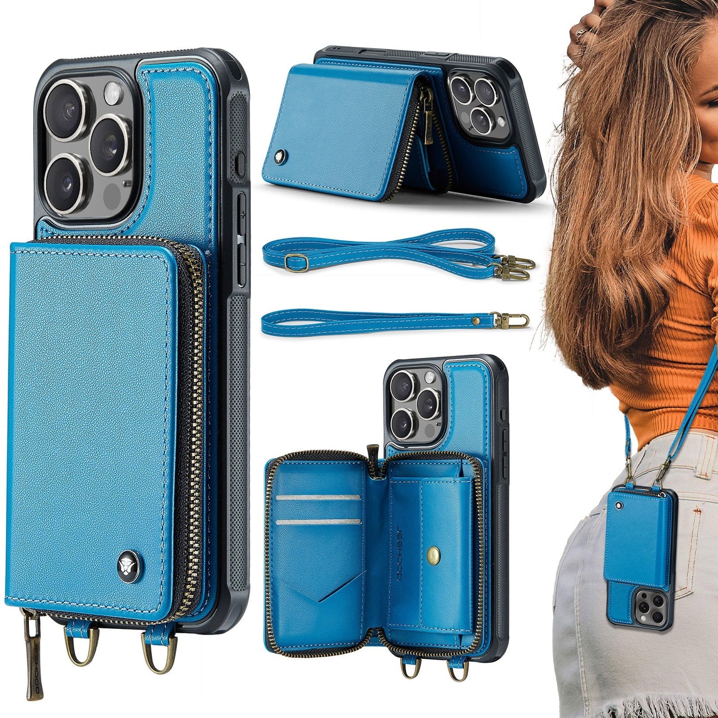 New RFID Blocking Crossbody Zipper Wallet Leather Phone Case for iPhone