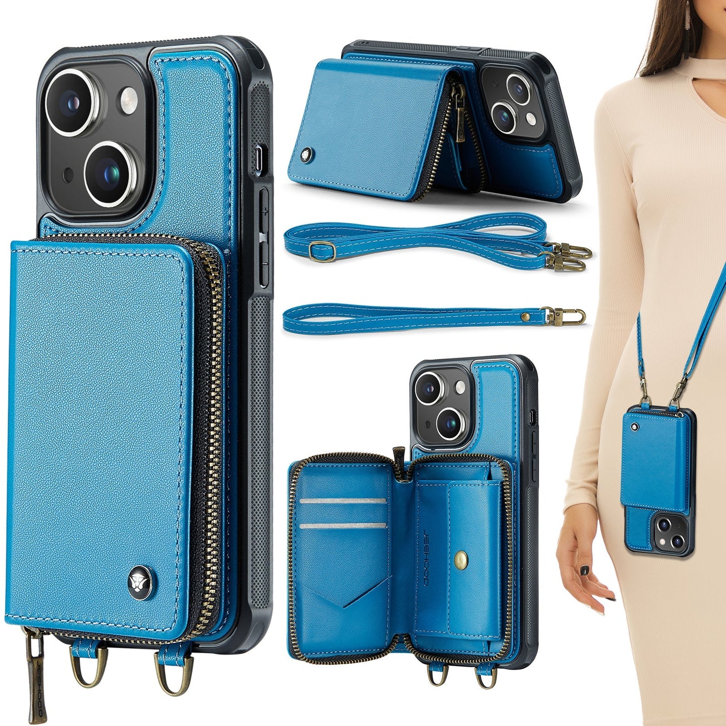 New RFID Blocking Crossbody Zipper Wallet Leather Phone Case for iPhone