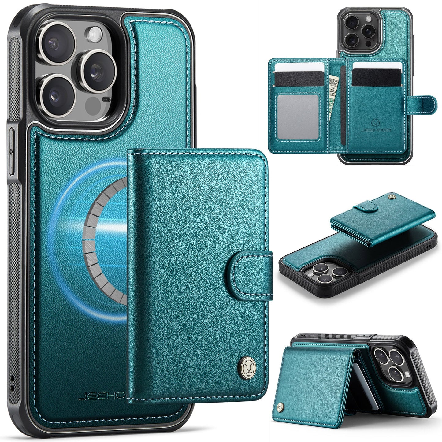 New 2-in-1 RFID Blocking Card Holder Leather Phone Case for iPhone 13 Pro Max