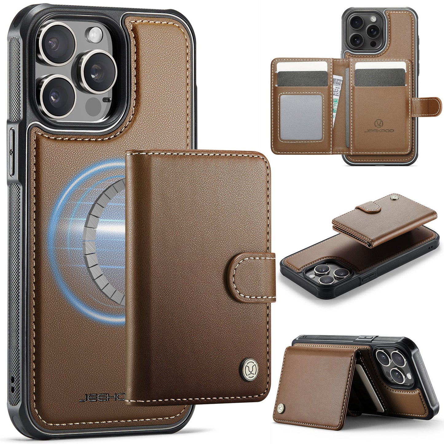 New 2-in-1 RFID Blocking Card Holder Leather Phone Case for iPhone 13 Pro Max