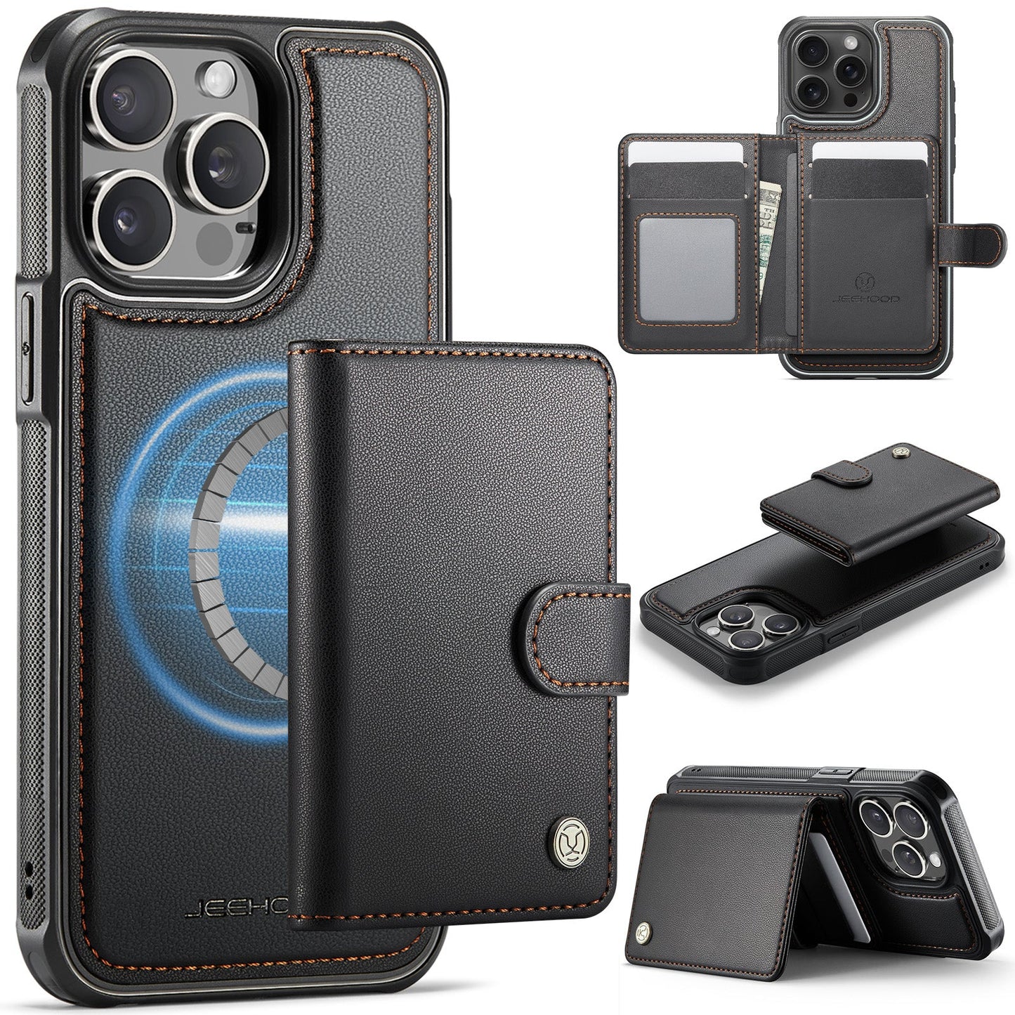 New 2-in-1 RFID Blocking Card Holder Leather Phone Case for iPhone 13 Pro Max