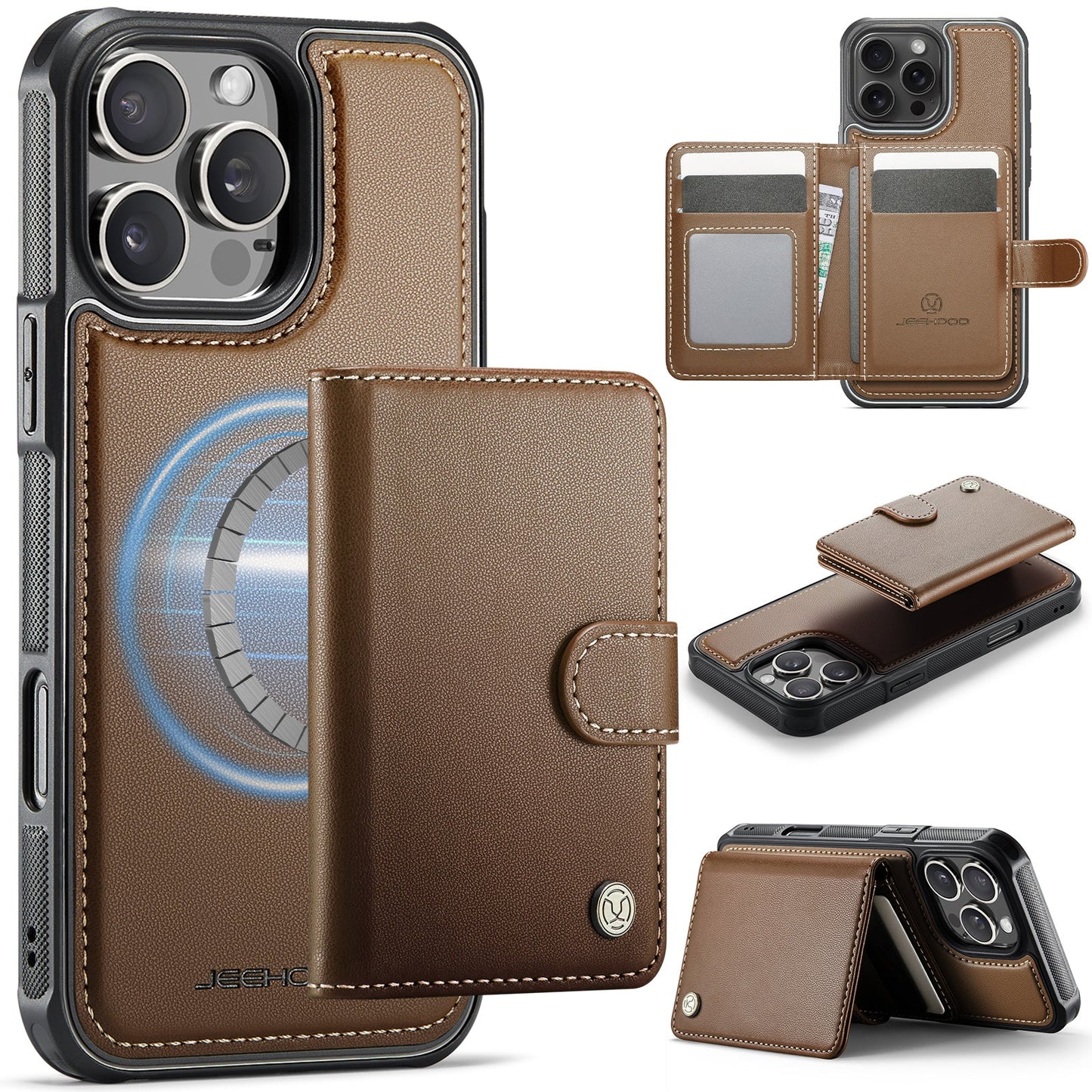 New 2-in-1 RFID Blocking Card Holder Leather Phone Case for iPhone 16 Pro