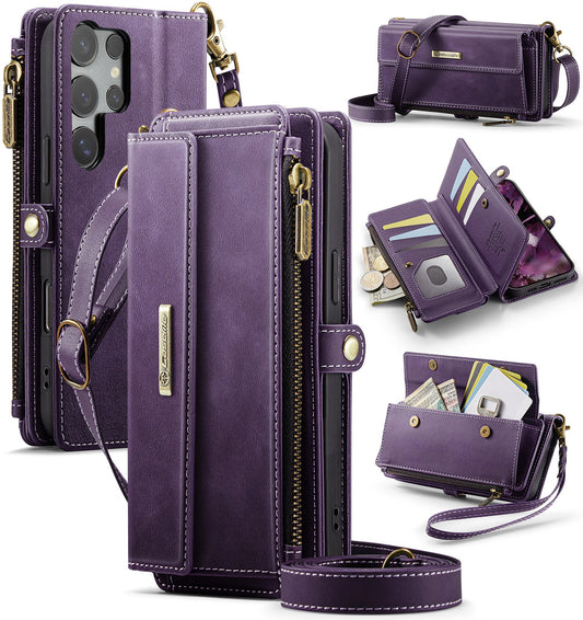 New RFID Blocking Zipper Wallet Supports Wireless Charging with Long and Short Lanyard Leather Phone Case for Samsung